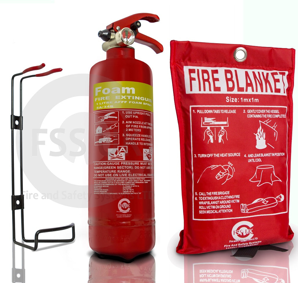 FSS UK Plus 1 Litre/ 1 L Foam Fire Extinguisher With Fire Blanket CE Marked