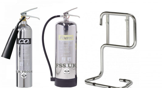 Designer FSS UK Fire Extinguisher Set (2 KG CO2 + 6 Ltr Foam) with Stand Ideal for Workplace