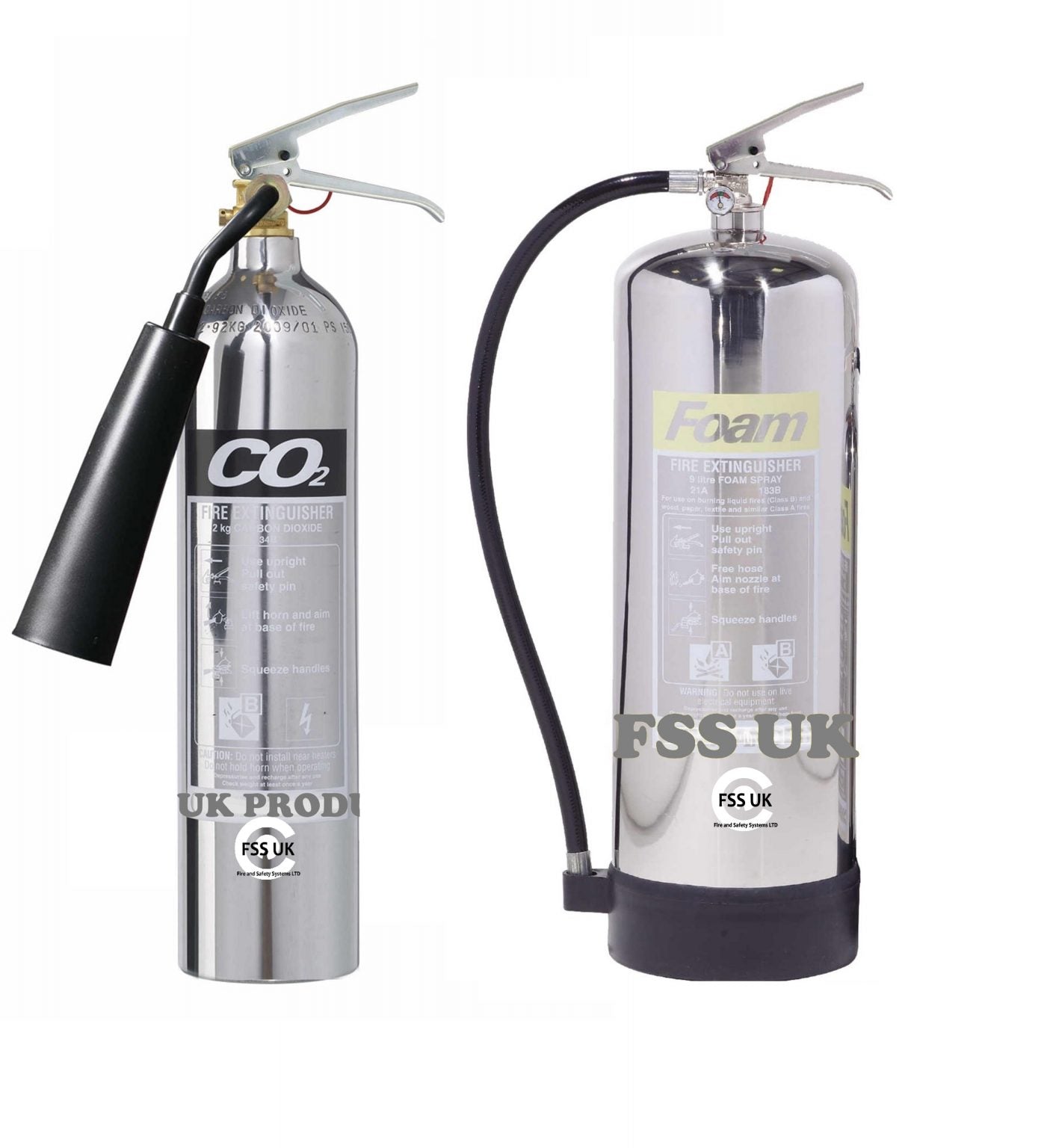 Designer FSS UK Fire Extinguisher Set (2KG CO2 + 6 Ltr Foam) Ideal for Workplace.