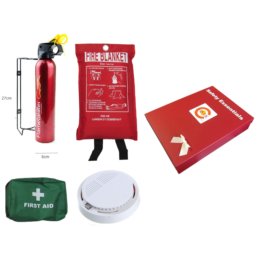 Safety Essentials Box Fire Extinguisher, Blanket, First Aid, Smoke Detector CE Marked